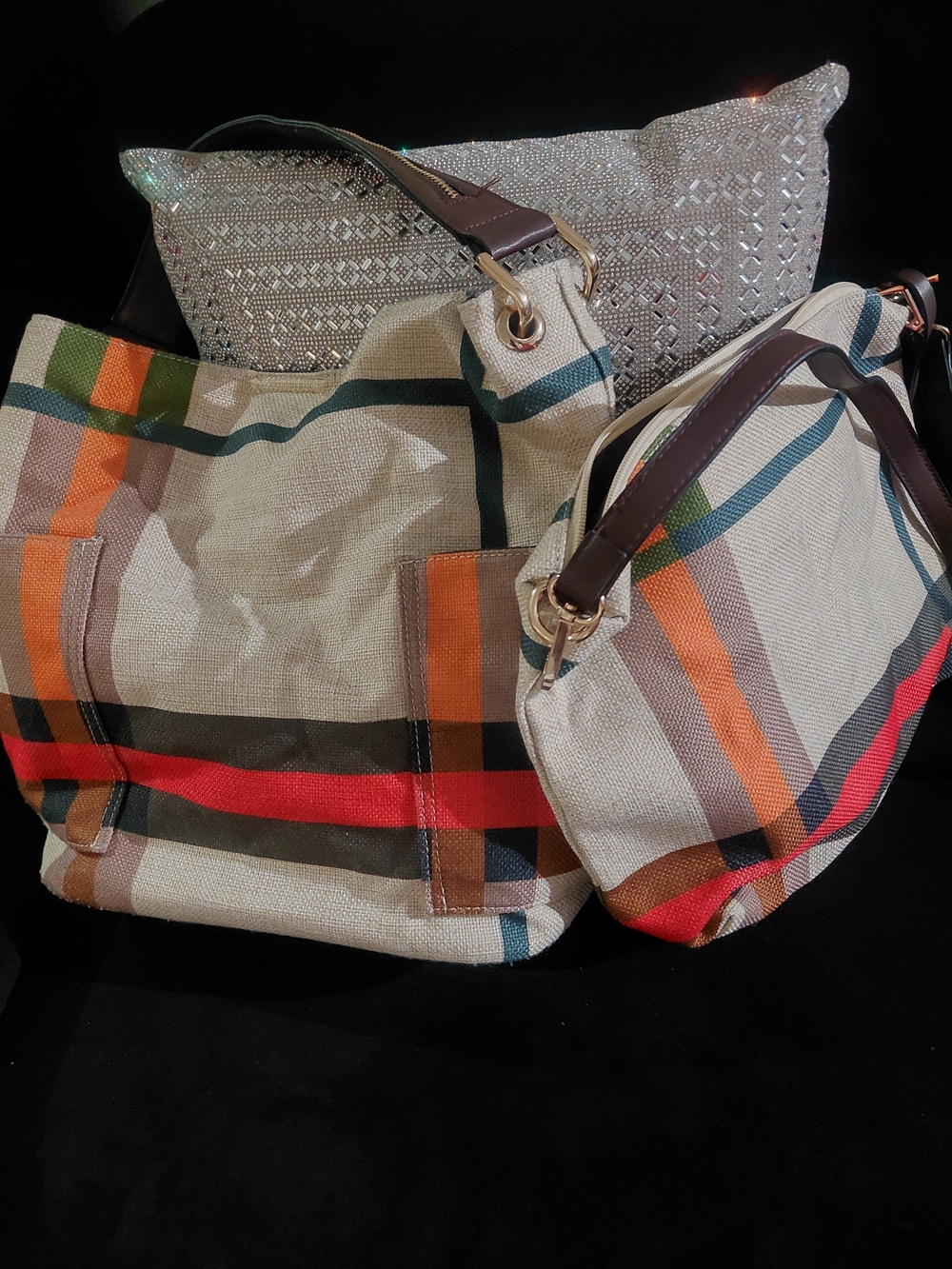 Striped Canvas Tote and Pouch Set in Beige with Orange and Red Accents